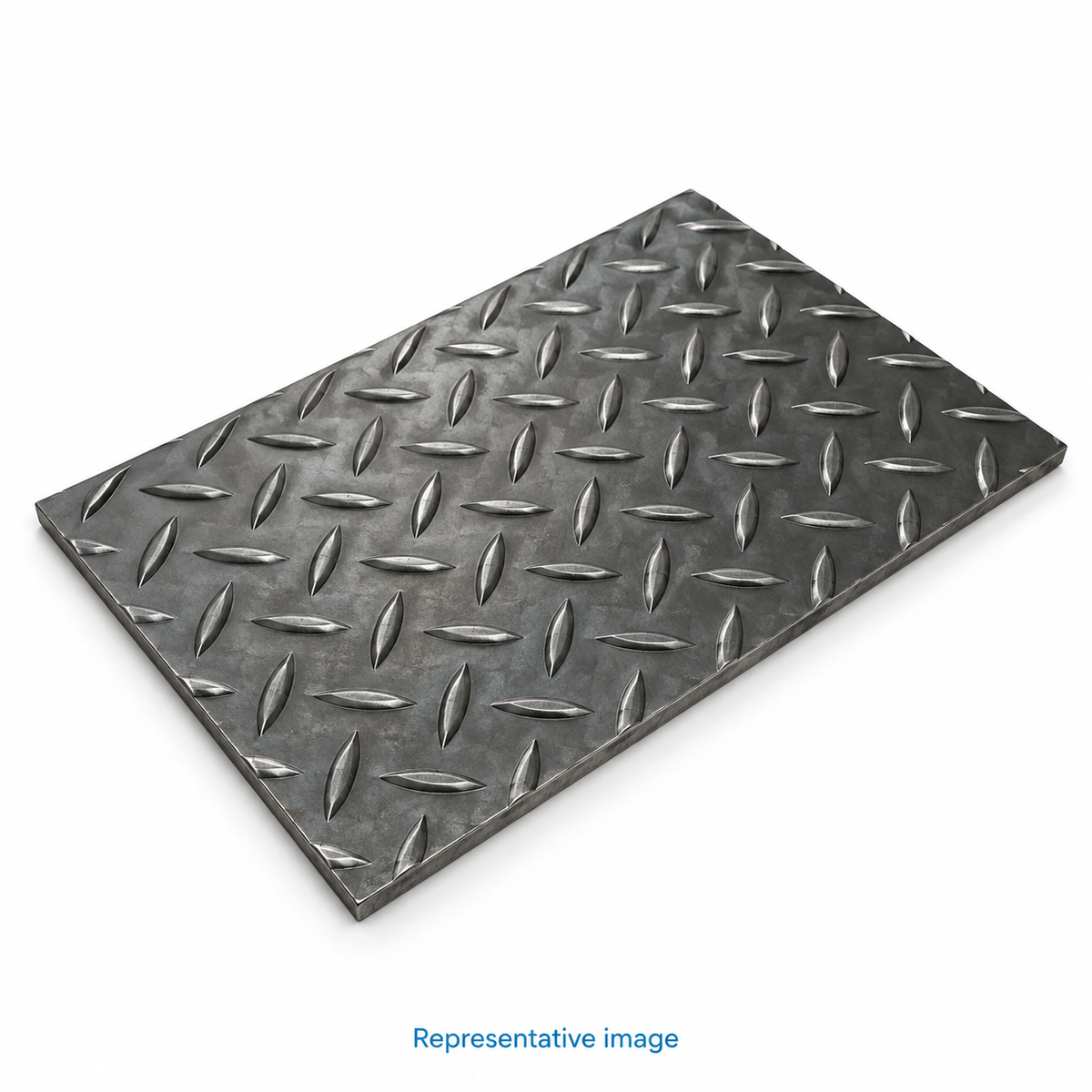 Representative rectangular steel tread plate with raised alternating single diagonal lozenges, industrial anti-slip pattern; size and specification vary — see product details